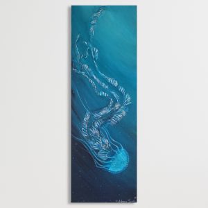 Ascension in Turquoise original 12x36 vertical jellyfish painting curving upward in teal ocean water by Alegoria Spell