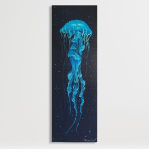 Ignition in the Deep original vertical 12x36 jellyfish painting with glowing blue acrylics on black background by Alegoria Spell