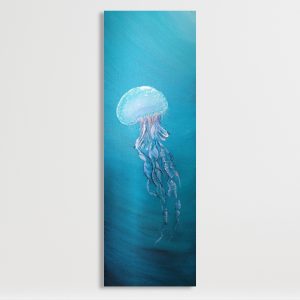 Luminous Drift original 12x36 vertical blue jellyfish painting floating in soft turquoise water by Alegoria Spell