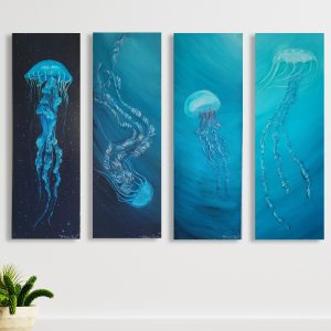 Rising from the Deep complete 4-piece vertical ocean jellyfish canvas installation hung in cascading layout on wall level side by side Alegoria Spell
