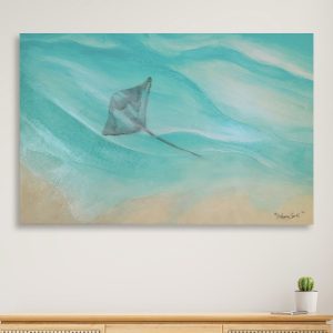 Shadows In The Shallows stingray painting with crackle ocean water texture and sand acrylic mixed media by Alegoria Spell