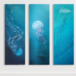 The Bioluminescent Cascade Triptych original 3-piece turquoise jellyfish canvas painting set in level wall layout deep sea ocean blue by Alegoria Spell