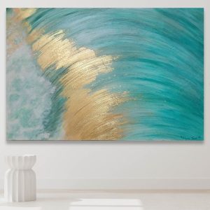 The Golden Break Modern Emerald Wave Abstract Painting with 24K Gold Leaf Museum Grade Sustainable eco friendly wall art larger close up
